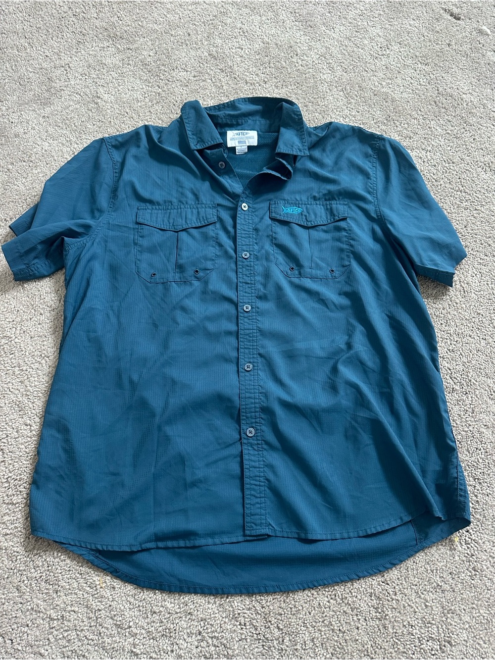 Blue Short-Sleeve Casual Button-Up Shirt by Aftco
